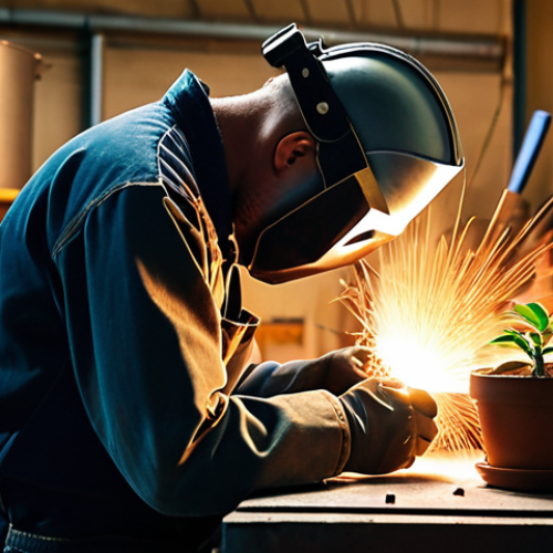 Home 4 **
A welder in a clean, organized workshop, practicing mindful breathing techniques. Soft, warm lighting, focus on the welder's calm expression. Incorporate elements of nature, like a small potted plant on the workbench. The overall mood should be serene and focused.
**