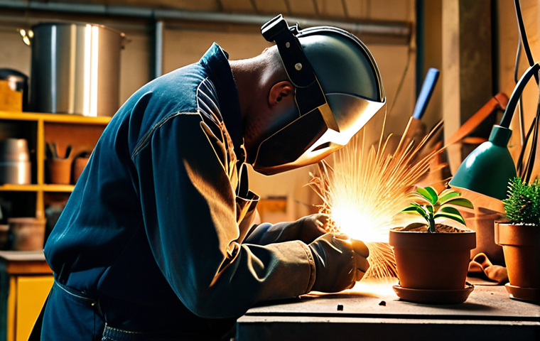 **
A welder in a clean, organized workshop, practicing mindful breathing techniques. Soft, warm lighting, focus on the welder's calm expression. Incorporate elements of nature, like a small potted plant on the workbench. The overall mood should be serene and focused.
**