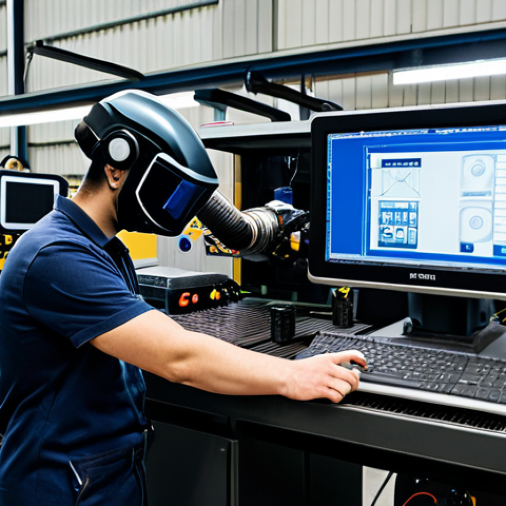 A highly skilled professional welding instructor, fully clothed in appropriate safety gear, demonstrating advanced laser welding techniques to a focused student in a clean, modern, high-tech welding workshop. The instructor points to a robotic arm operating on a complex metal component. The background shows various state-of-the-art welding machines and simulation screens. The scene emphasizes precision, innovation, and expert mentorship. safe for work, appropriate content, fully clothed, professional dress, perfect anatomy, correct proportions, natural pose, well-formed hands, proper finger count, natural body proportions, high-quality photography, realistic.