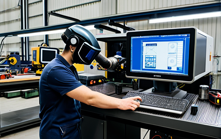 A highly skilled professional welding instructor, fully clothed in appropriate safety gear, demonstrating advanced laser welding techniques to a focused student in a clean, modern, high-tech welding workshop. The instructor points to a robotic arm operating on a complex metal component. The background shows various state-of-the-art welding machines and simulation screens. The scene emphasizes precision, innovation, and expert mentorship. safe for work, appropriate content, fully clothed, professional dress, perfect anatomy, correct proportions, natural pose, well-formed hands, proper finger count, natural body proportions, high-quality photography, realistic.