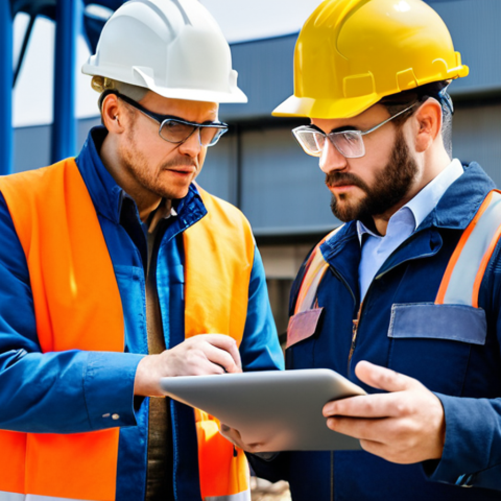 A male construction site manager in a high-visibility vest, hard hat, and work pants, standing opposite a male welder wearing a professional welding jacket, work trousers, and a hard hat (briefly removed for discussion, safety glasses on), engaging in a focused discussion. They are reviewing construction blueprints on a digital tablet, their expressions serious and collaborative, highlighting mutual respect. The background shows a clean, modern construction site with structural steel elements under clear daylight. This image emphasizes clear communication and shared understanding in a professional setting. safe for work, appropriate content, fully clothed, professional, perfect anatomy, correct proportions, natural pose, well-formed hands, proper finger count, natural body proportions, professional photography, high quality, modest clothing, appropriate attire.