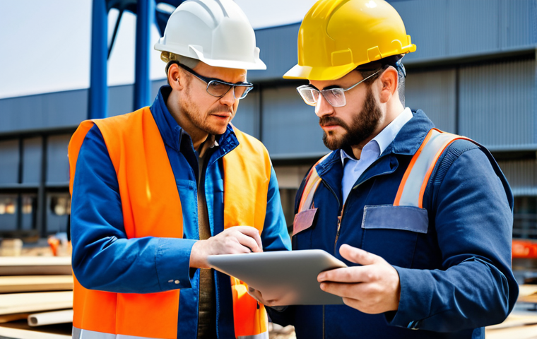 A male construction site manager in a high-visibility vest, hard hat, and work pants, standing opposite a male welder wearing a professional welding jacket, work trousers, and a hard hat (briefly removed for discussion, safety glasses on), engaging in a focused discussion. They are reviewing construction blueprints on a digital tablet, their expressions serious and collaborative, highlighting mutual respect. The background shows a clean, modern construction site with structural steel elements under clear daylight. This image emphasizes clear communication and shared understanding in a professional setting. safe for work, appropriate content, fully clothed, professional, perfect anatomy, correct proportions, natural pose, well-formed hands, proper finger count, natural body proportions, professional photography, high quality, modest clothing, appropriate attire.