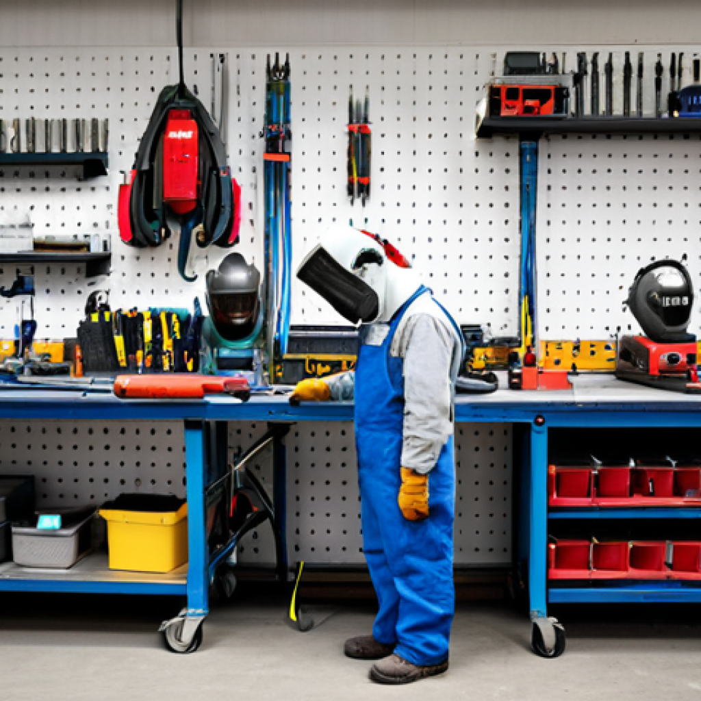 용접사의 시간 관리 팁 - Organized Welding Workshop**
"A brightly lit, well-organized welding workshop. Tools are neatly arr...