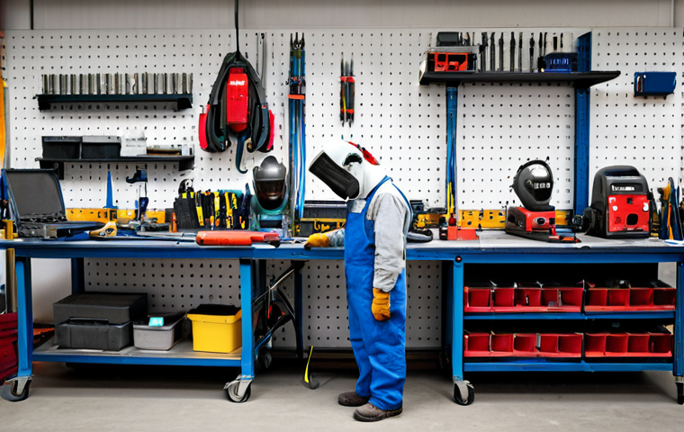 용접사의 시간 관리 팁 - Organized Welding Workshop**
"A brightly lit, well-organized welding workshop. Tools are neatly arr...