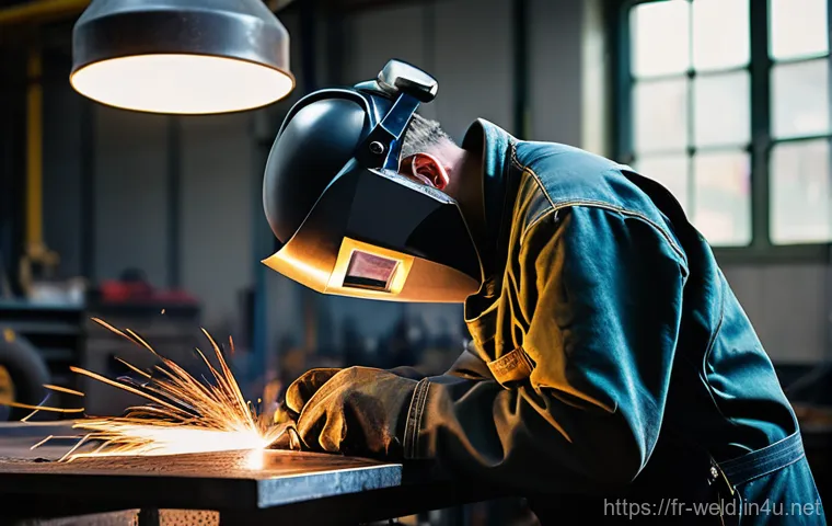 용접사로서의 멘탈 관리법 - **A Moment of Calm Reflection**
Prompt: A professional male or female welder, mid-shot, in a cle...