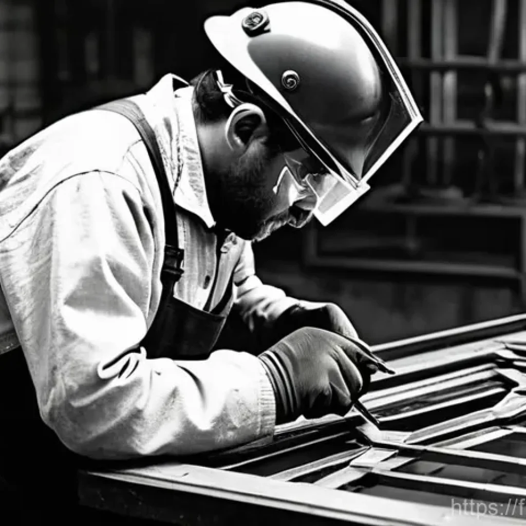 용접사로서 창의적 문제 해결 사례 - **Prompt:** A skilled welder meticulously working on restoring a delicate Art Deco wrought iron glas...