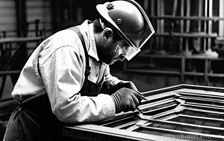 용접사로서 창의적 문제 해결 사례 - **Prompt:** A skilled welder meticulously working on restoring a delicate Art Deco wrought iron glas...