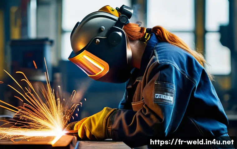 용접 기계 조작법 강의 후기 - **Prompt 1: The First Spark of a Welder**
A highly detailed, realistic image of a female welder ...